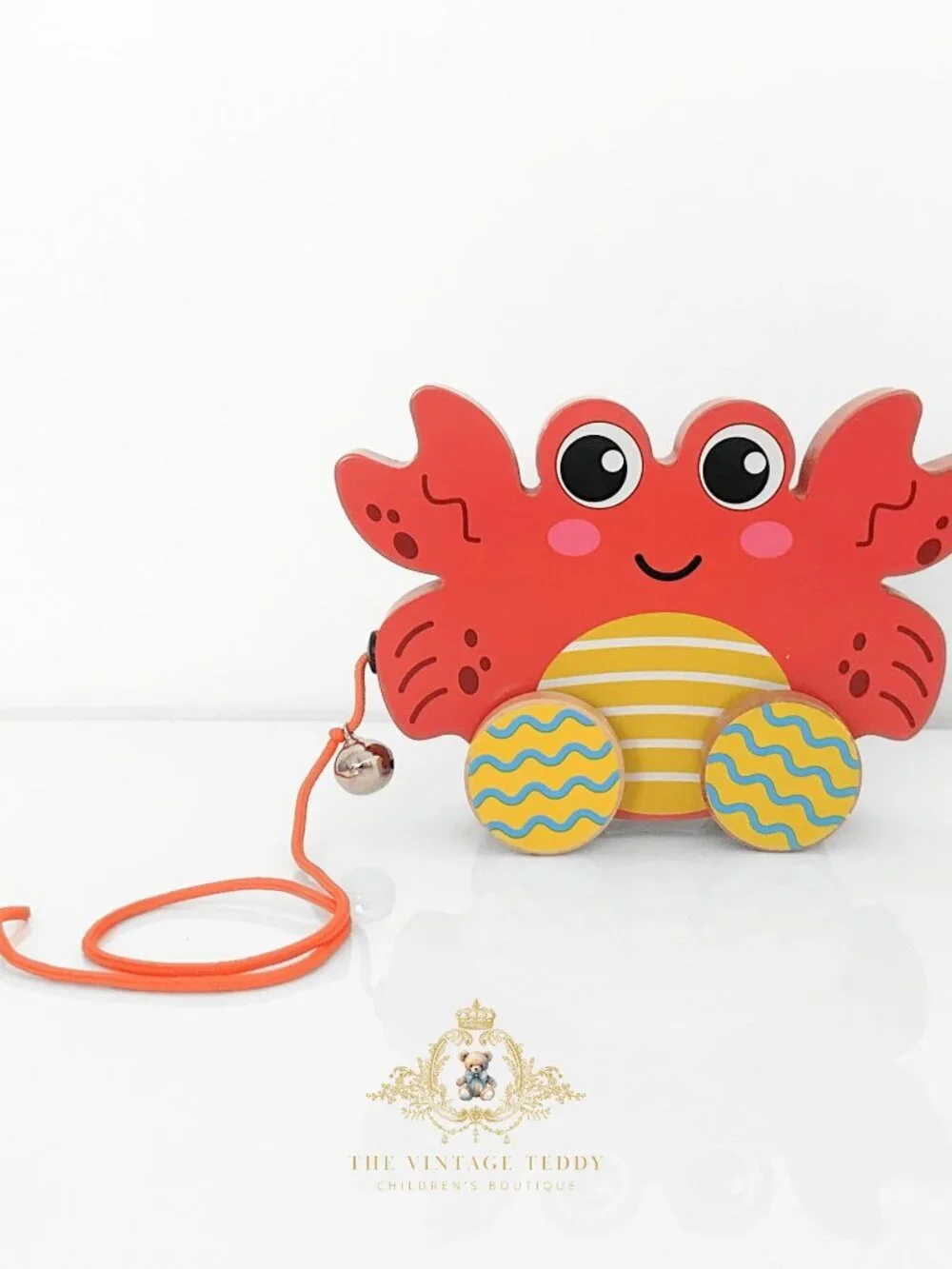 NWT Cute Children's Wooden Hand-Painted Toy Pull Along Animal Trailer Red Crab - Picture 1 of 2